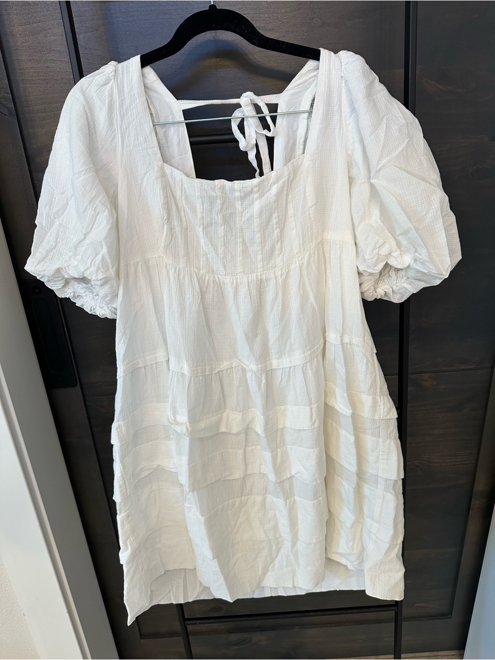 Anthropologie White Textured Puff-Sleeve Mini Dress